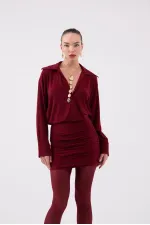 Jaida Dress with Gathered Hem and Shirt Collar, Burgundy