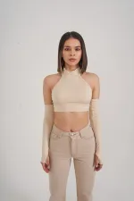 Crop Style Pretty Blouse with Sleeve Detail, Beige