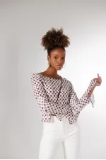 Kadın Kahverengi Damalı Düğme Kapamalı Pierre Bluz