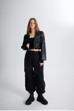 Women's Black Jacket with Collar, Crop Zip and Snap Button Petter Leather Jacket