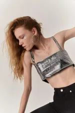 Straplez Askılı Glammy Crop Gümüş