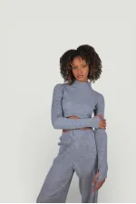 Balıkçı Yaka Crop Model Parmak Geçirmeli Feels Kazak Gri