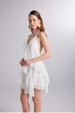 White Chiffon Capri Dress with Ruffle Detail and Waistline