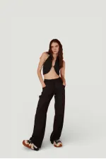 Cotton Fabric Belted Loose Fit Rise Trousers Black