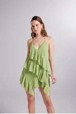 Fırfır Detaylı Bel Dekolteli Şifon Capri Elbise Yeşil