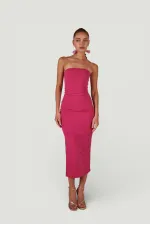 Slit Strapless Midi Bodycon Dress Pink