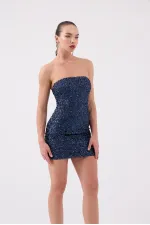 Robe mini Genesis sans bretelles à sequins bleu marine