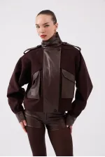 Lina Suede Jacket with Stand-Up Collar and Leather Details, Brown