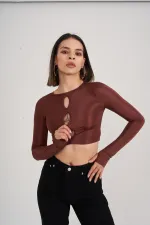 Crew Neck Long Sleeve Crop Frank Blouse with Chest Detail Brown