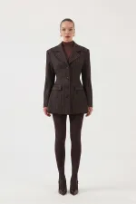 Belden Oturmalı Çizgili Fit Kesim Karen Blazer Ceket Kahve