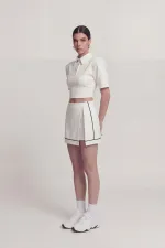 Yırtmaçlı Cepli Mini Brandi Şort Etek Beyaz