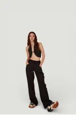 Cotton Fabric Belted Loose Fit Rise Trousers Black