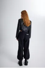 Women's Black Jacket with Collar, Crop Zip and Snap Button Petter Leather Jacket