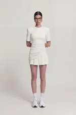 Demie T-shirt with Gathered Detail and Padded Shoulders, White Demie T-shirt with Gathered Detail and Padded Shoulders, White