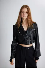 Women's Black Jacket with Collar, Crop Zip and Snap Button Petter Leather Jacket