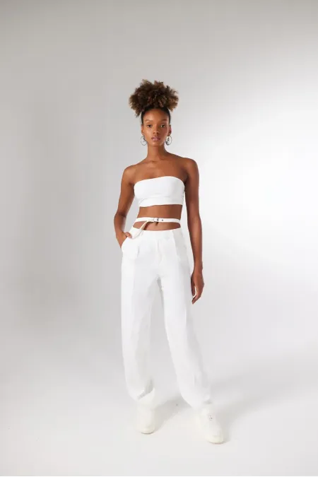 Straight Cut Fabric Wesley Trousers with Belt Detail, White