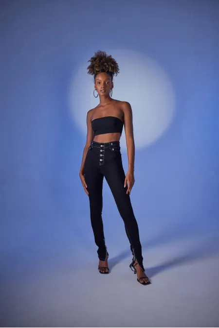 High Waist, Zip-Up, Lycra Split Jeans, Black