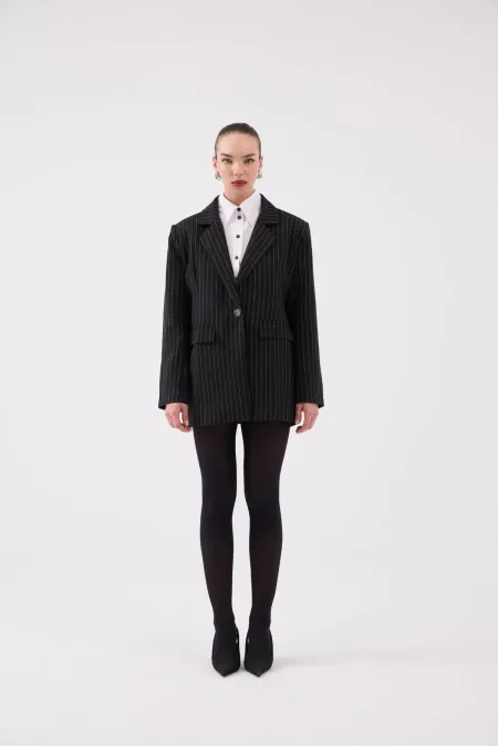 Oversize Kesim Çizgili Strip Blazer Ceket Siyah