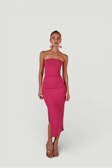 Slit Strapless Midi Bodycon Dress Pink