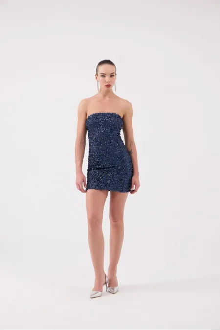 Sequined Strapless Mini Genesis Dress Navy Blue