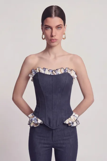 Venus Bustier with Ruffle Detail and Jean-Look Design, Navy Blue Venus Bustier with Ruffle Detail and Jean-Look Design, Navy Blue