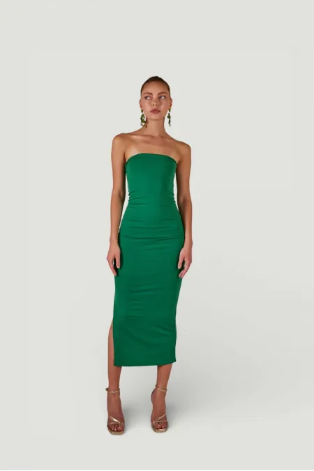 Strapless Midi Bodycon Dress with Slit, Green