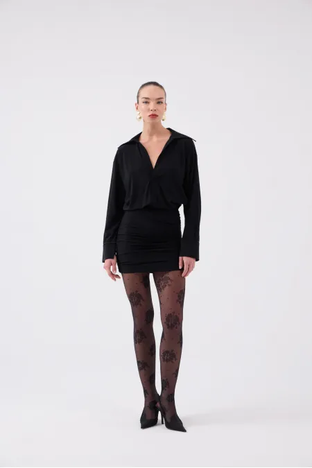 Jaida Dress with Gathered Hem and Shirt Collar, Black