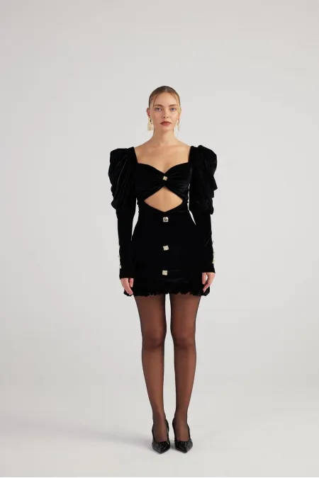 Watermelon Sleeve Velvet Fabric Mini Raquel Dress Black