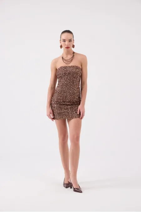 Sequin Strapless Mini Genesis Dress in Brown