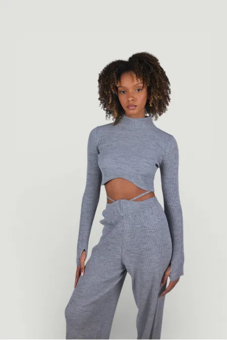 Balıkçı Yaka Crop Model Parmak Geçirmeli Feels Kazak Gri