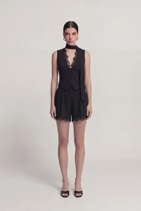 Short Nina en dentelle plissée taille haute, noir