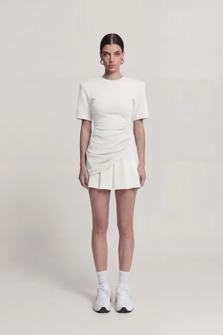 Demie T-shirt with Gathered Detail and Padded Shoulders, White Demie T-shirt with Gathered Detail and Padded Shoulders, White