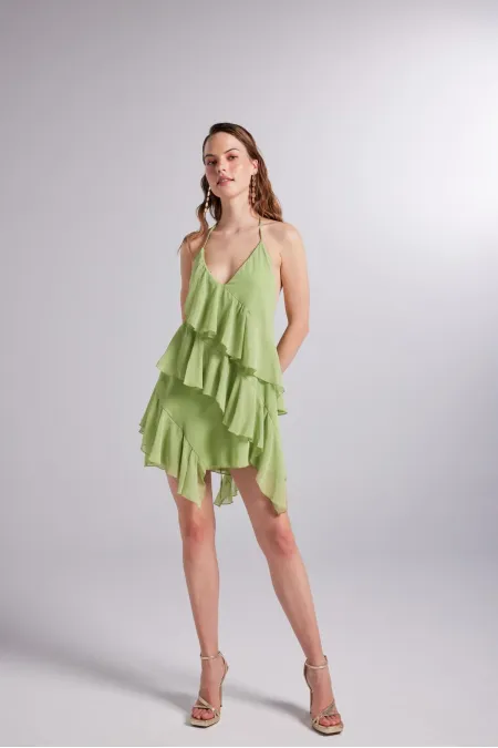 Ruffle Detail Waist-Decorated Chiffon Capri Dress Green