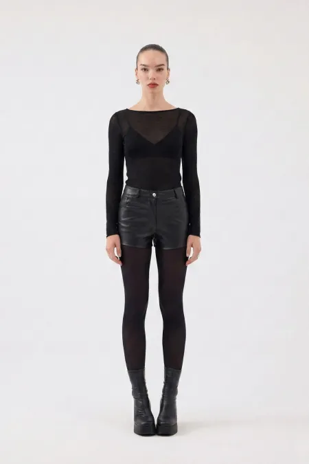 Yüksek Bel Mini Meghan Deri Şort Siyah