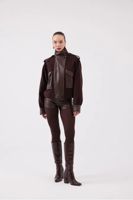 Lina Suede Jacket with Stand-Up Collar and Leather Details, Brown