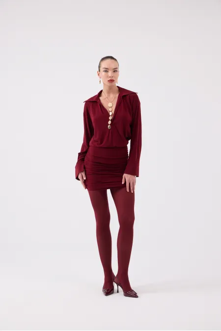 Jaida Dress with Gathered Hem and Shirt Collar, Burgundy