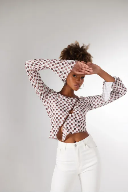 Women's Brown Plaid Button-Down Pierre Blouse