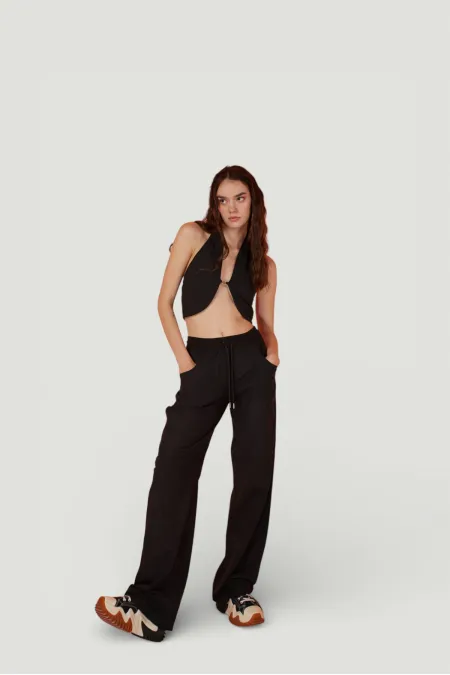 Cotton Fabric Belted Loose Fit Rise Trousers Black