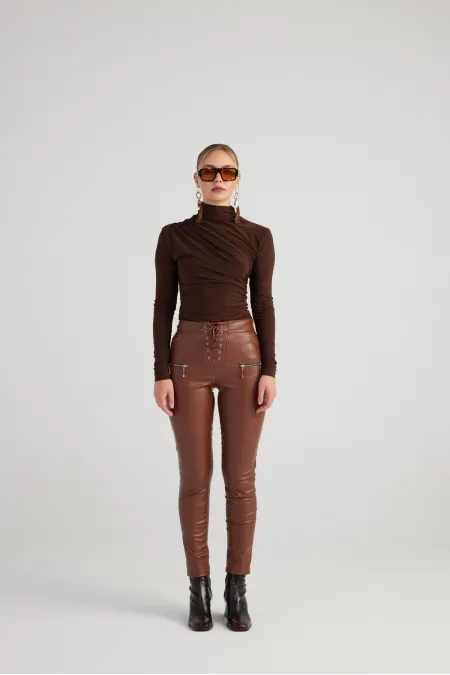 Pantalon en cuir marron Gina