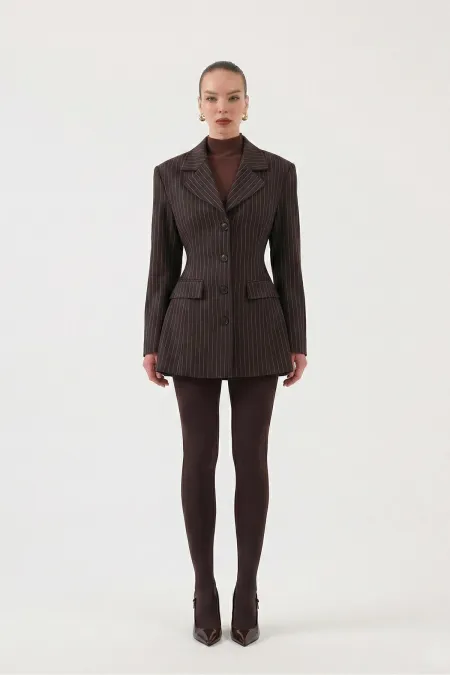 Belden Oturmalı Çizgili Fit Kesim Karen Blazer Ceket Kahve
