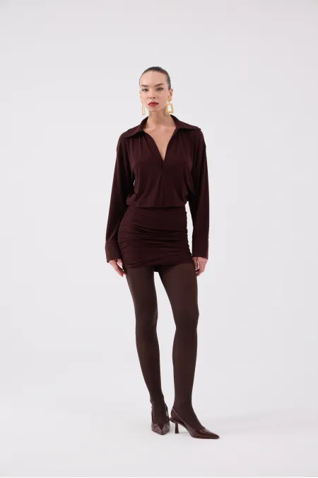 Jaida Shirt Collar Dress with Gathered Hem in Brown