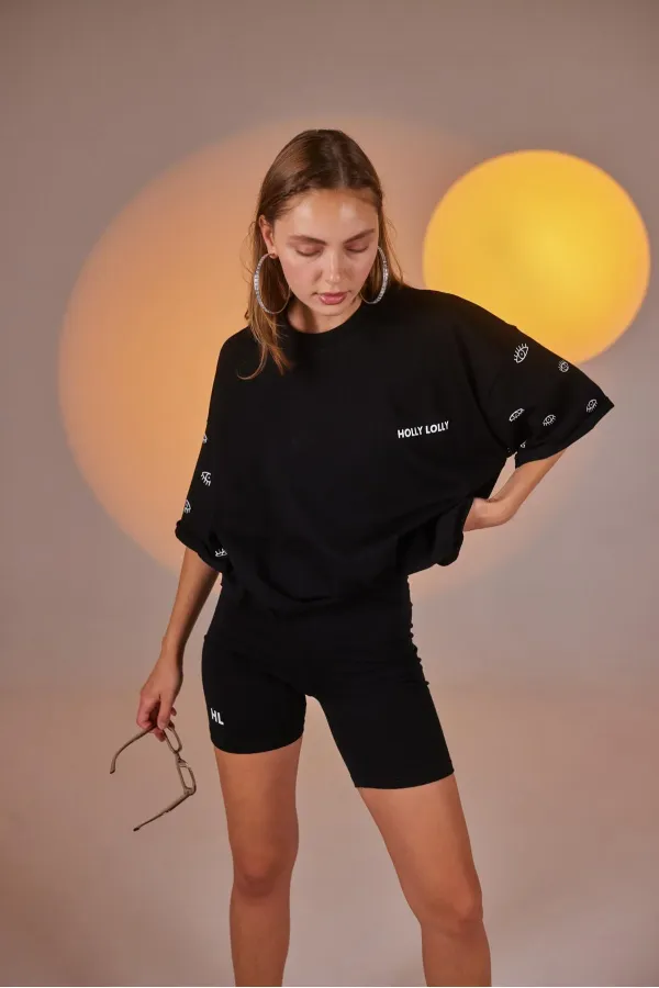 Eye Print Oversize Eye T-shirt and Bike Leggings Set Black