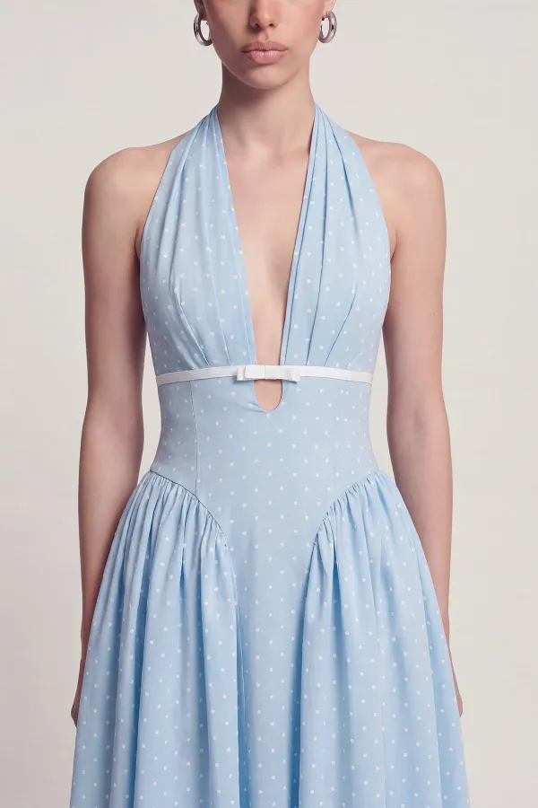 Robe Zayla à pois, dos nu et poches, bleue