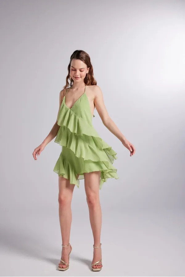 Fırfır Detaylı Bel Dekolteli Şifon Capri Elbise Yeşil