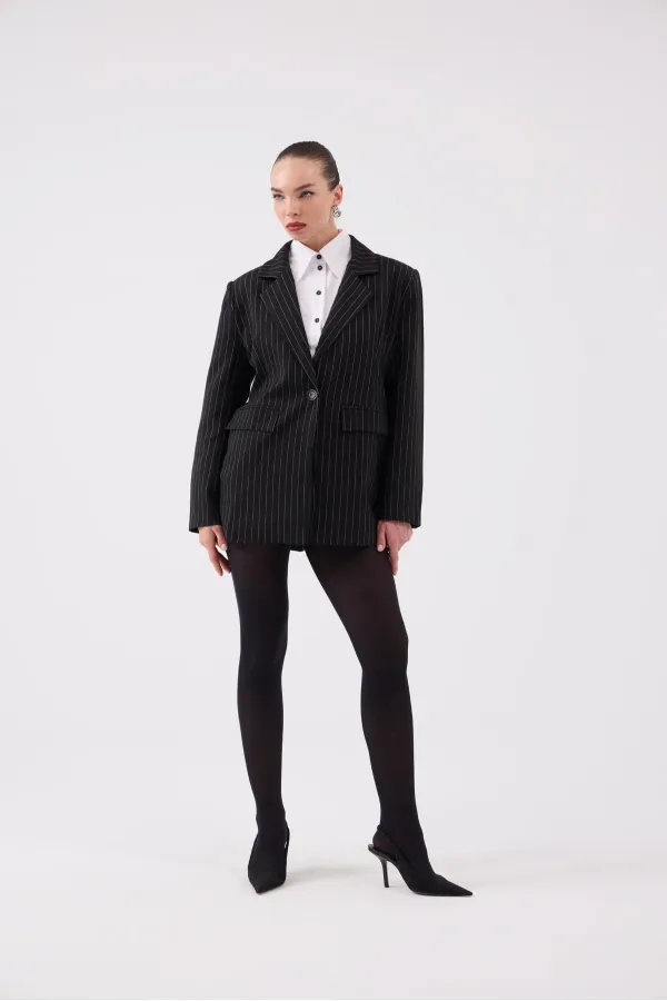 Oversize Kesim Çizgili Strip Blazer Ceket Siyah
