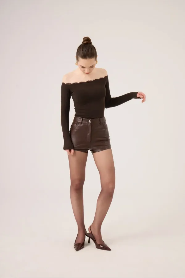 Madonna Neckline Lace Macy Cashmere Blouse, Brown