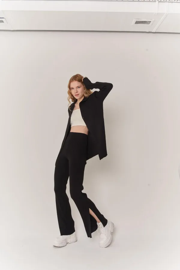 Women's Black Button-Down Oversize Loose Knit Cardigan and Pants Yordle Set