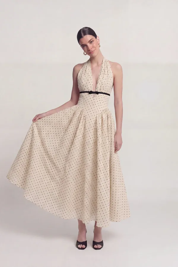 Robe Zayla à pois, col halter et poches, couleur crème Robe Zayla à pois, col halter et poches, couleur crème