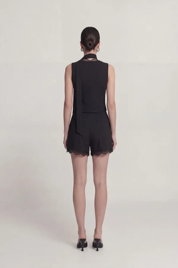 Short Nina en dentelle plissée taille haute, noir