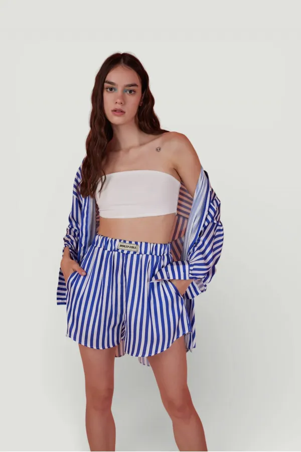Yumuşak Dokulu Çizgili Saten Mini Mellow Şort Lacivert